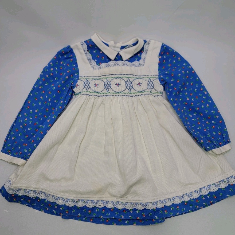 Vintage Polly Flinders Hand Smocked Girls Dress Blue Floral Lace Collar Size 5